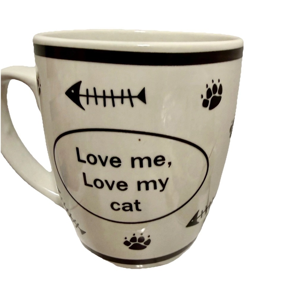 Housewares International Love Me Love My‎ Cat Ceramic Coffee Mug White Black Paw